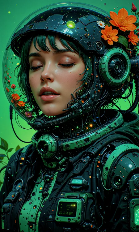 masterpiece, best quality, amazing quality, very aesthetic, absurdres, newest
digital art, frontal closeup, futuristic, sci-fi
1girl, solo, upper body, eyes gently closed, upper teeth
helmet, biosphere inside helmet, organic elements, technology, black jacket, detailed design, high contrast, intricate details, dreamlike atmosphere
green background, lush green plants, glowing flowers
artist:moriimee, in the style of cksc, in the style of cknc, in the style of ck-rw <lora:reij-detaILer v2:0.5> <lora:spo_sdxl_10ep_4k-data_lora_webui:0.8> <lora:MoriiMee_Gothic_Niji_Style_Illustrious_r1:0.4> <lora:ck-shadow-circuit-IL-000012:0.65> <lora:ck-nc-cyberpunk-IL-000011:0.4> <lora:ck-neon-retrowave-IL-000012:0.2>