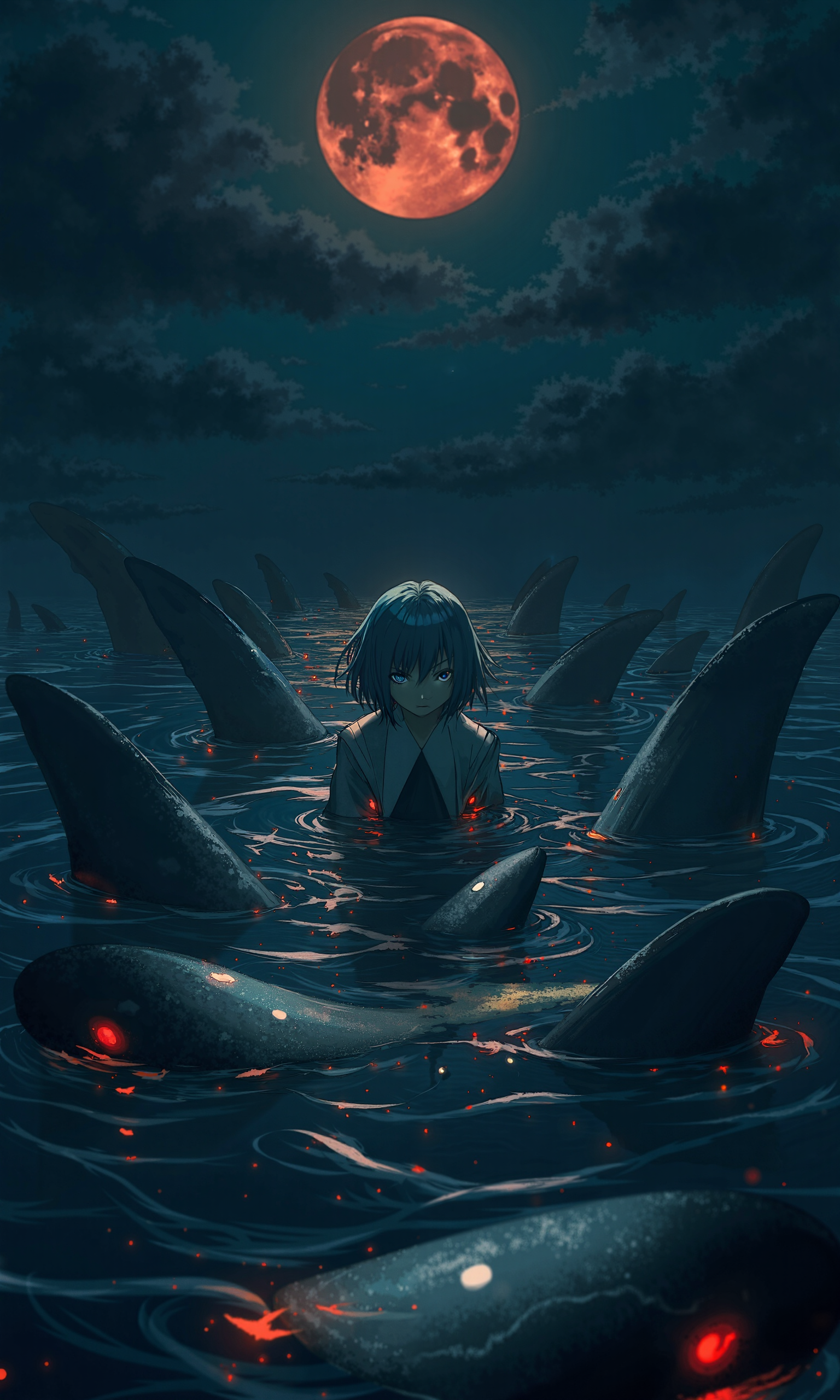 In a cinematic wide shot, reminiscent of Akira Kurosawa's dramatic style, a lone figure of Mona from Genshin Impact stands partially submerged in dark, wind-rippled water, surrounded by ominous shark fins and glowing red eyes with slit pupils, evoking an air of foreboding tragedy. Her smug expression, with a hint of yandere intensity, is accentuated by a slight head tilt as she looks up at the viewer with an unblinking gaze, her closed mouth a picture of enigmatic calm. The nighttime setting is defined by a detailed, high-contrast background with deep shadows and highlights, illuminated by a mix of cool blue moonlight and warm golden ambient light, casting an ethereal glow on the rippling water's surface, which reflects the dark sky like a mirror. A subtle film grain and muted color grading add a sense of gritty realism, while the overall atmosphere is heavy with tension and unease. The painting is in the style of umesky<lora:ume_sky_v2.safetensors:0.8:0.8>