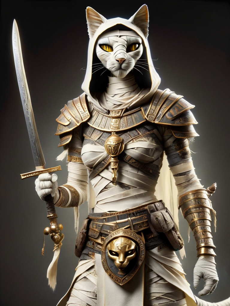 bastet, a cat, a female warrior, wearing plate armor, armor shoulder plates, black and bronze runes on the armor, wearing a hood, yellow eyes, sword on her back, shild in left hand, bandages, mummy style <lora:bastet-sdxl:1>