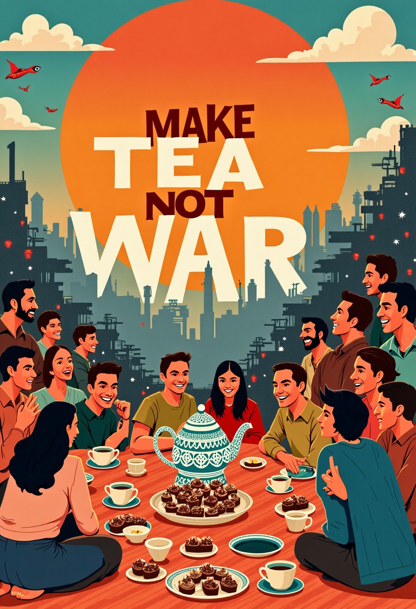 collective middle-eastern_ethnic avant-garde poster with friendly text reads "Make tea not war", juxtaposed unified happy gathering, joyfully laughing around table drinking tea, in world of desolate devastation rubble,
exuberant picnic feast diverse gathering of people of all ethnicities, surrounding tea party picnic blanket full of tea and cakes, teapot with stylized motif