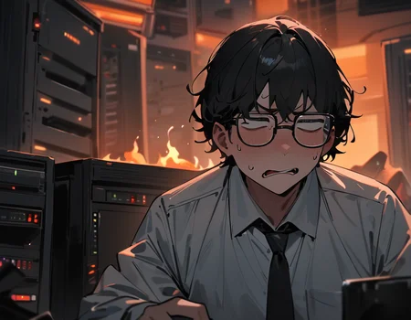 cluttered server room, blinking red warning lights, computer tower on fire, soft diffused lighting, tired engineer man using computer, frustrated expression, glasses, collared shirt, detailed background, sfw, masterpiece, newest, absurdres