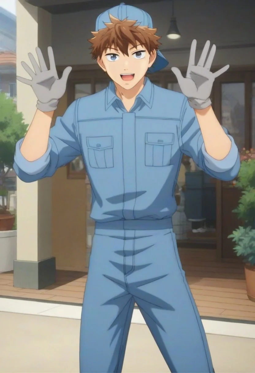 ((masterpiece)), ((best quality)), ((ultra-detailed)), score_9_up, score_8_up, score_7_up, HD, top quality, best quality, High-quality illustrations, anime screencap, perfect anatomy, 1boy, 1male, solo male, one male only, one person only, single person focus, male focus, anime, male anime character, anime boy, B-Cell, brown hair, grey eyes, blue backwards cap, plain blue uniform, plain blue pants, grey gloves, handsome, cute, attractive, slim body, slender body, waving hand, waving hello, greeting gesture
