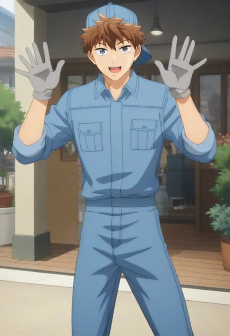 ((masterpiece)), ((best quality)), ((ultra-detailed)), score_9_up, score_8_up, score_7_up, HD, top quality, best quality, High-quality illustrations, anime screencap, perfect anatomy, 1boy, 1male, solo male, one male only, one person only, single person focus, male focus, anime, male anime character, anime boy, B-Cell, brown hair, grey eyes, blue backwards cap, plain blue uniform, plain blue pants, grey gloves, handsome, cute, attractive, slim body, slender body, waving hand, waving hello, greeting gesture