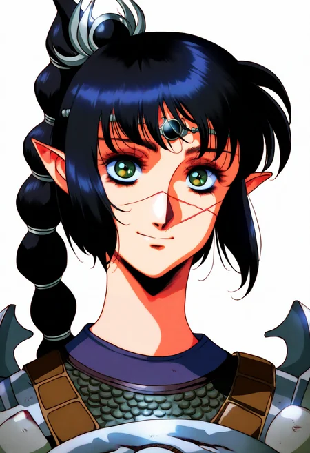 1girl, solo, shadowheart, black hair, braided ponytail, green eyes, scar on face, circlet, armor, pointy ears,
smile, looking at viewer, upper body, simple background, white background,
best quality, amazing quality, very aesthetic, absurdres, retro artstyle, 1990s \(style\),
<lora:UrushiharaSatoshiNoob_byKonan:1>,  <lora:ShadowHeartIllustrious_byKonan:0.8>