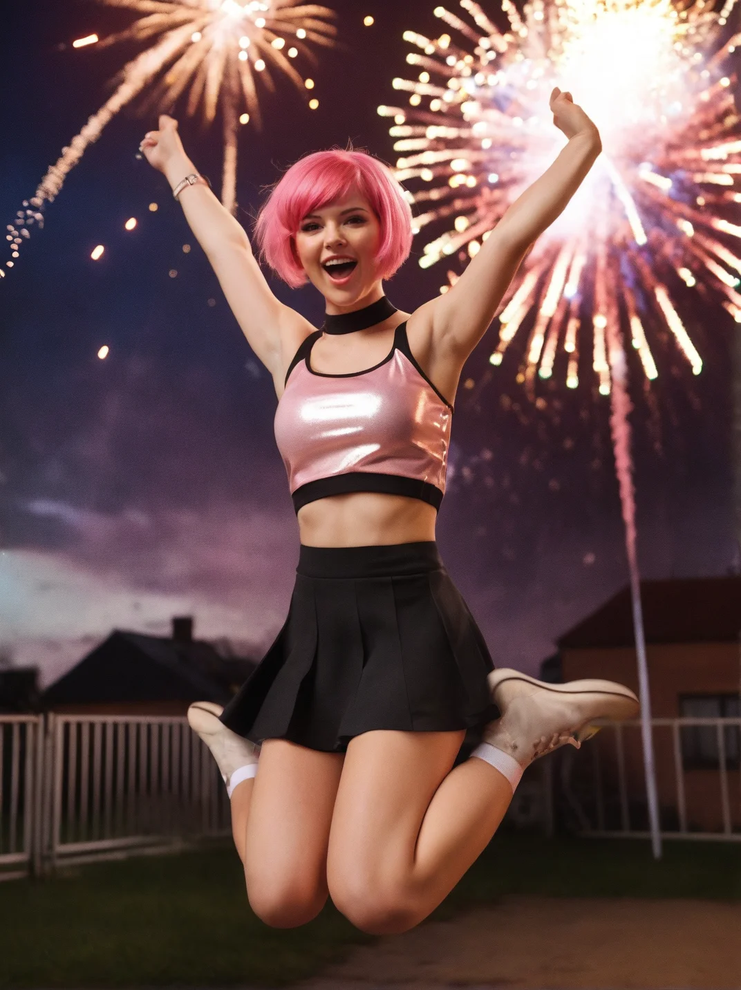 Cinematic fashion photograph portrait of Myroslava_Medved_P_MXAI_SDXL jumping into the air, wearing a cheerleader uniform, happy expression, god rays, fireworks in the background, action shot, dutch angle shot, (((Ultra-HD-details, Ultra-HD-detailed, Ultra-HD-realistic, Ultra-HD-photo-same-realistic-quality-details)))