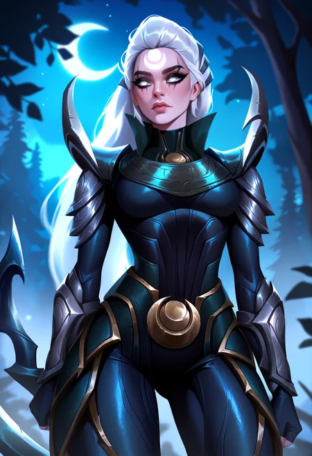 masterpiece, bluishsalt, 1girl, diana \(league of legends\), league of legends, solo, crescent facial mark,forehead mark, nose, facial mark, nose,white eyes,long hair, white hair, lips, bodysuit, armor, spikes, sythe, diana's sytche, cowboy shot, holding sythe, outdoors, forest, night, scenery,
