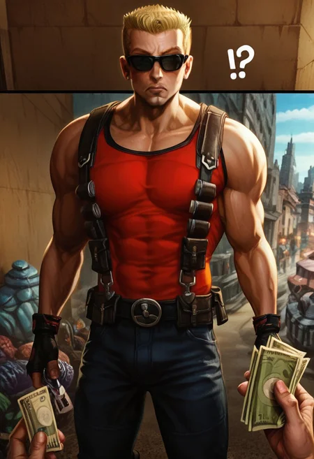 score_9, score_8_up, score_7_up,   2koma, instant loss, pov holding money, before and after, pov holding money before and after, 1boy, xdnukemx, blonde hair, muscular, sunglasses, manly, tank top, pants, bandelier, fingerless gloves, belt, suspenders, boots, confused, ?, ??