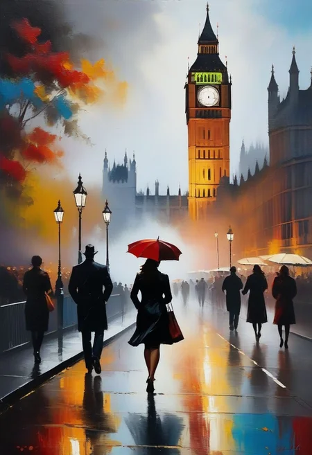 An exquisite oil painting captures the essence of a radiant smile on a woman's face, brimming with joy and warmth. Painted on silked cardboard using a palette knife, bold strokes and textured brushwork create depth and dimension. The woman's features are meticulously rendered with sharp focus, vivid colors popping against the rain-soaked ground below. The iconic silhouette of Big Ben emerges through the mist, hinting at London's bustling streets. This conceptual piece invites viewers to share in the woman's moment of delight as she strolls through the park, offering a fleeting yet timeless glimpse of urban beauty., painting, conceptual art