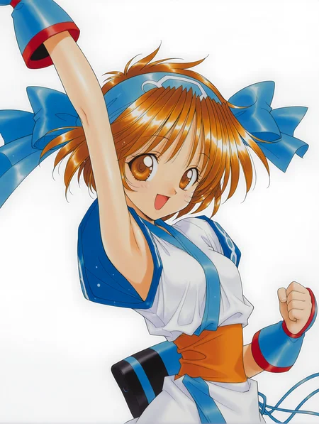 masterpiece,best quality,newest,1girl,solo,
<lora:rimururu_ilxl_v1.3:1>,n_rimu,short hair,brown hair,brown eyes,r_bow,blue hairband,r_clothes,
<lora:Fixhands_anime_bdsqlsz_V1:1>,dynamic_angle,cinematic_angle,upper_body,face_focus,white_background,simple_background,kind_smile,arched_back,armpits,clenched hand,arms up,standing,