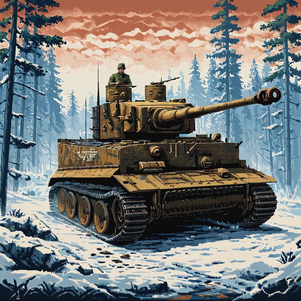 A tgrtnk tank lumbers through the snow-covered forests of the Eastern Front, its imposing silhouette stark against the winter landscape. Steam rises from its engine in the cold air as it advances to engage Soviet forces, illustrating the brutal tank battles of the Russian winter ((pulp_comic, heavy_lines, hand_drawn, hand_inked, hand_colored, perfect_face, apxlz))