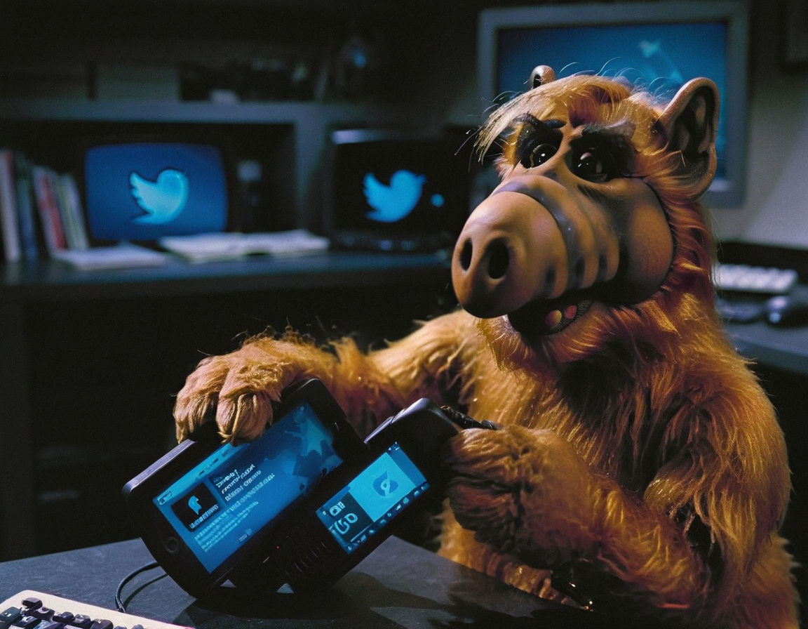 <lora:Alf SDXL LoRA - Trigger w Alf Person:1> Alf person scoping out the twitter offices late at night using a flashlight.