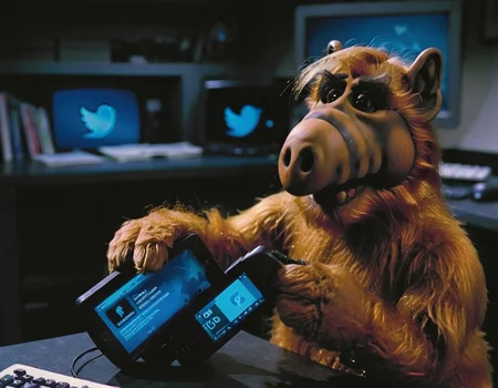 <lora:Alf SDXL LoRA - Trigger w Alf Person:1> Alf person scoping out the twitter offices late at night using a flashlight.