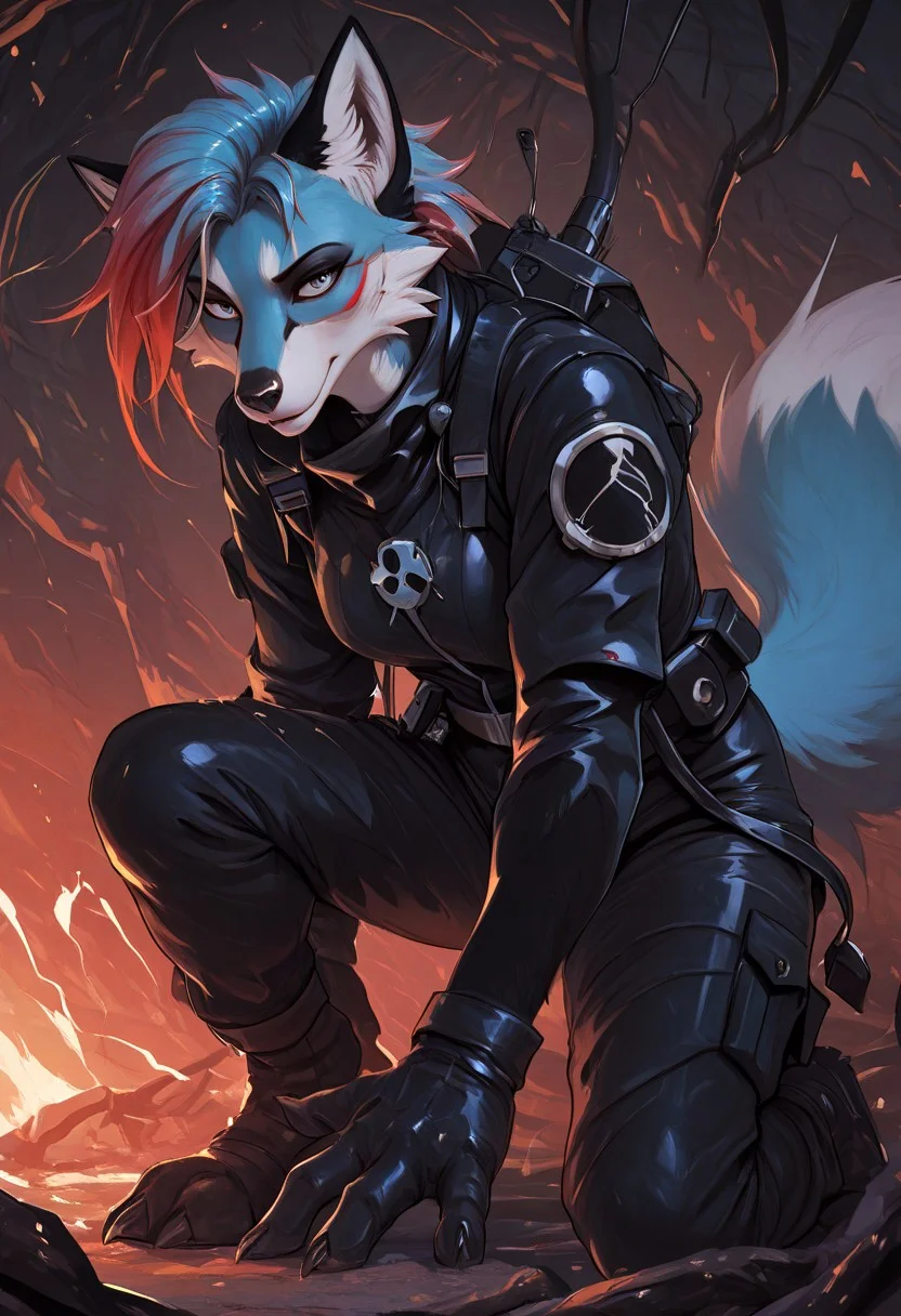A turquoise-colored furry fox scribe. Ash-colored hair. She is wearing a scientific jumpsuit that is torn in several places. transformation into a fox. a laboratory filled with gas. Silent surprise. Doused with something. The Orphen sirius style. JuliaTDC Style~ArtS.