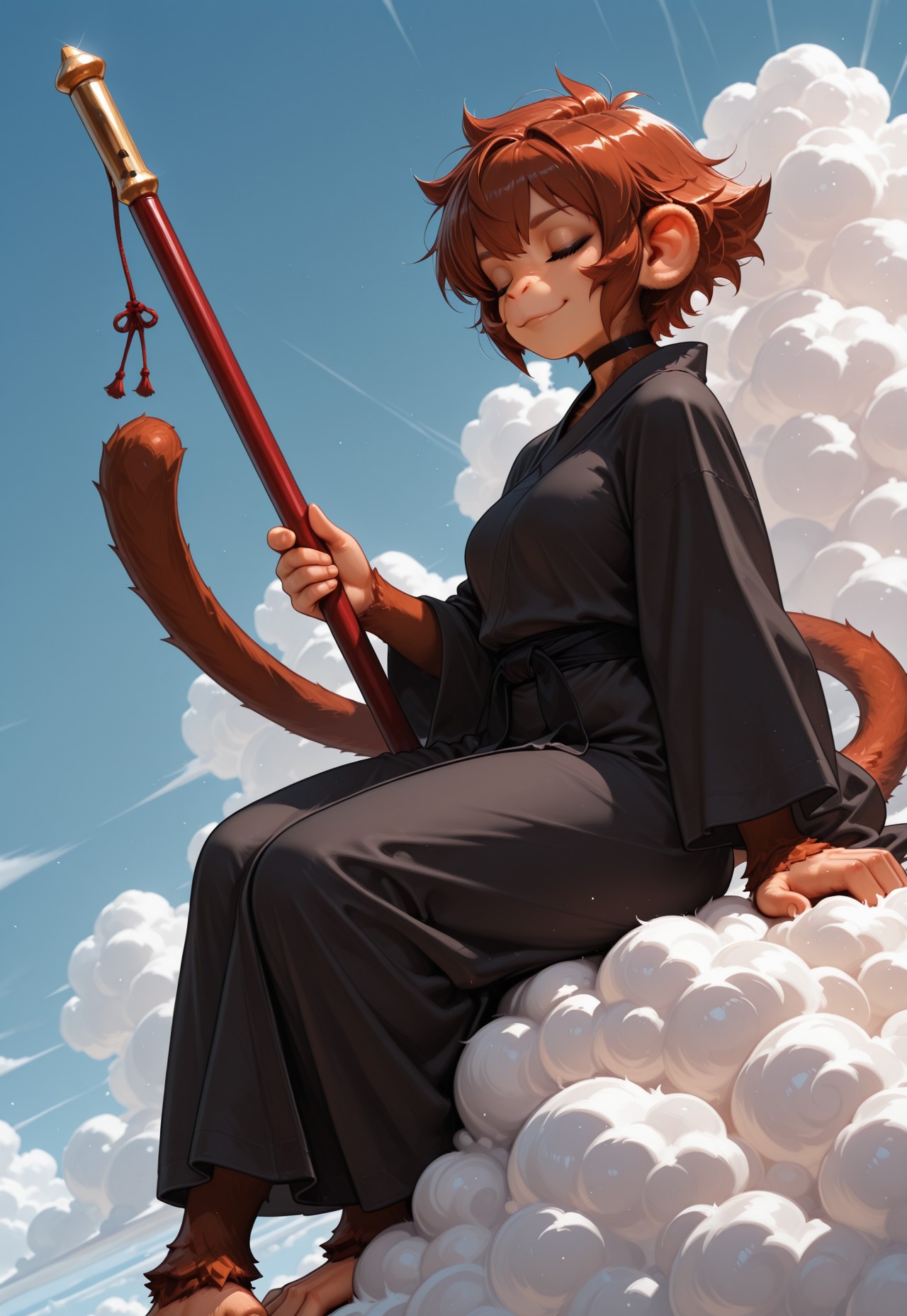 Best quality, highly detailed, masterpiece, fine skin detail, detailed skin, beautiful eyes, detailed eyes, solo, 1girl, J4ckie, wrinkled nose, monk robes, eyes closed, light smile, sitting, dutch angle, front view, holding bo_staff, zoom out, full body view, [view from side], monkey feet, (sitting, on a cloud),
sky, clouds