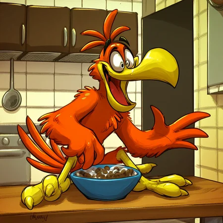 Score_7_up, score_8_up, score_9, solo male, sonny, bird, orange feathers, full body, holding, cereal bowl, happy, open mouth, constricted pupils, kitchen, indoors, table,