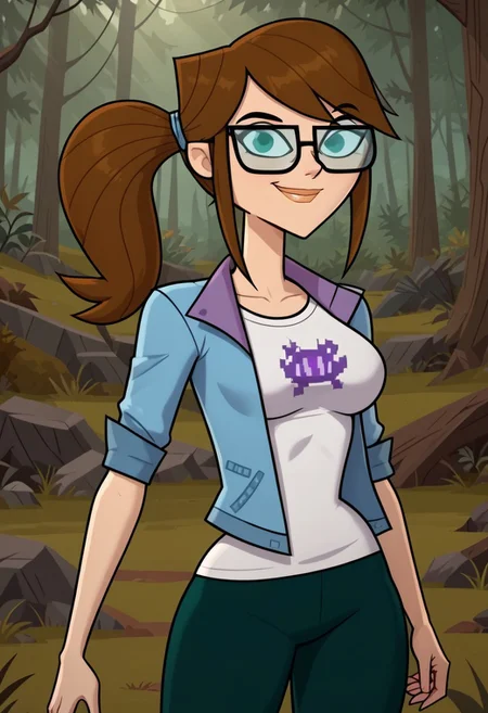 ((Forest background)),score_9, score_8_up, score_7_up, 1girl, Solo, Ally_DC, light skin, sea green eyes, brown hair, glasses with black frames, hairstyle ponytail, white t-shirt with a purple space Invader design, light blue jacket with folded sleeves, dark green leggings, black and white sneakers, big eyes, tall stature, social smile, perfect eyes, perfect smile, looking at the viewer, big breasts, detailed eyes, perfect eyes, cute, standing, fullbody, (front pose, fullbody)