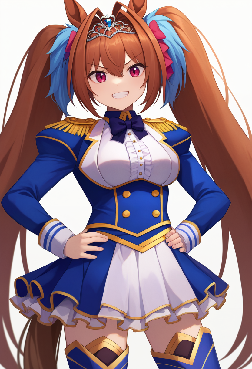 score_9, score_8_up, score_7_up, source_anime, rating_safe, solo, 1girl, daiwadef, grin, looking at viewer, hands on hips, twintails, tiara, horse ears, underbust, center frills, bowtie, epaulettes, long sleeves, skirt, thighhighs, horse tail <lora:umamusume_daiwascarlet_ponyXL:1>