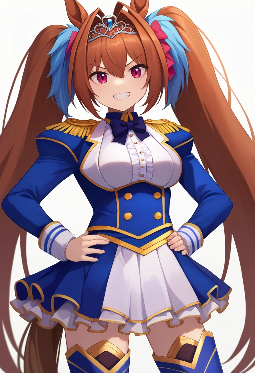 score_9, score_8_up, score_7_up, source_anime, rating_safe, solo, 1girl, daiwadef, grin, looking at viewer, hands on hips, twintails, tiara, horse ears, underbust, center frills, bowtie, epaulettes, long sleeves, skirt, thighhighs, horse tail <lora:umamusume_daiwascarlet_ponyXL:1>