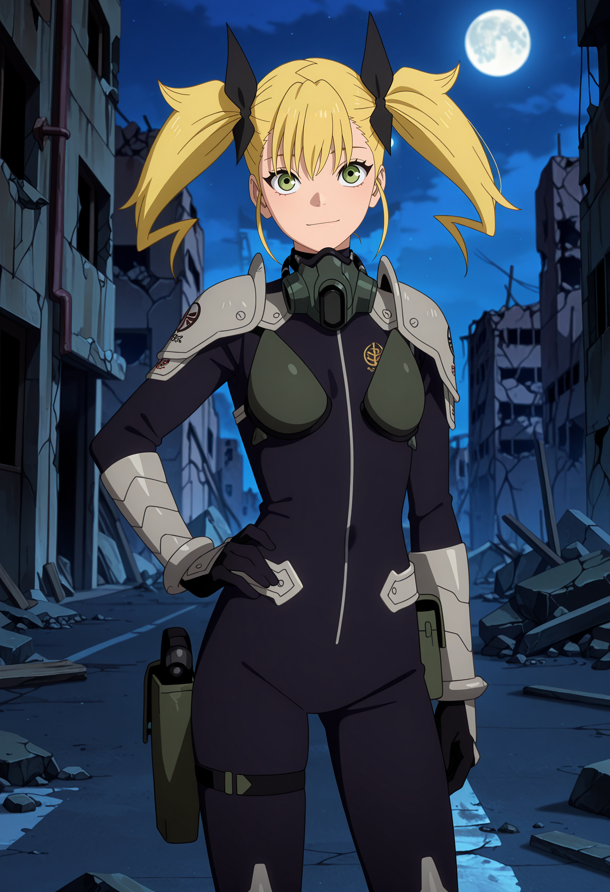 anime screencap, masterpiece, best quality,
<lora:Kaijuu8-gou_ShinomiyaKikoru_IlluXL:0.9>,
1girl, solo, closed mouth, light smile,
twintails, blonde hair, green eyes, hair ribbon, black ribbon,
KikoruBodysuit, black bodysuit, mask around neck, shoulder pads, chest guard, vambraces,
thigh holter,
hand on own hip, arm at side, standing, looking at viewer,,
ruins, street, moon, night, dark, blurry background