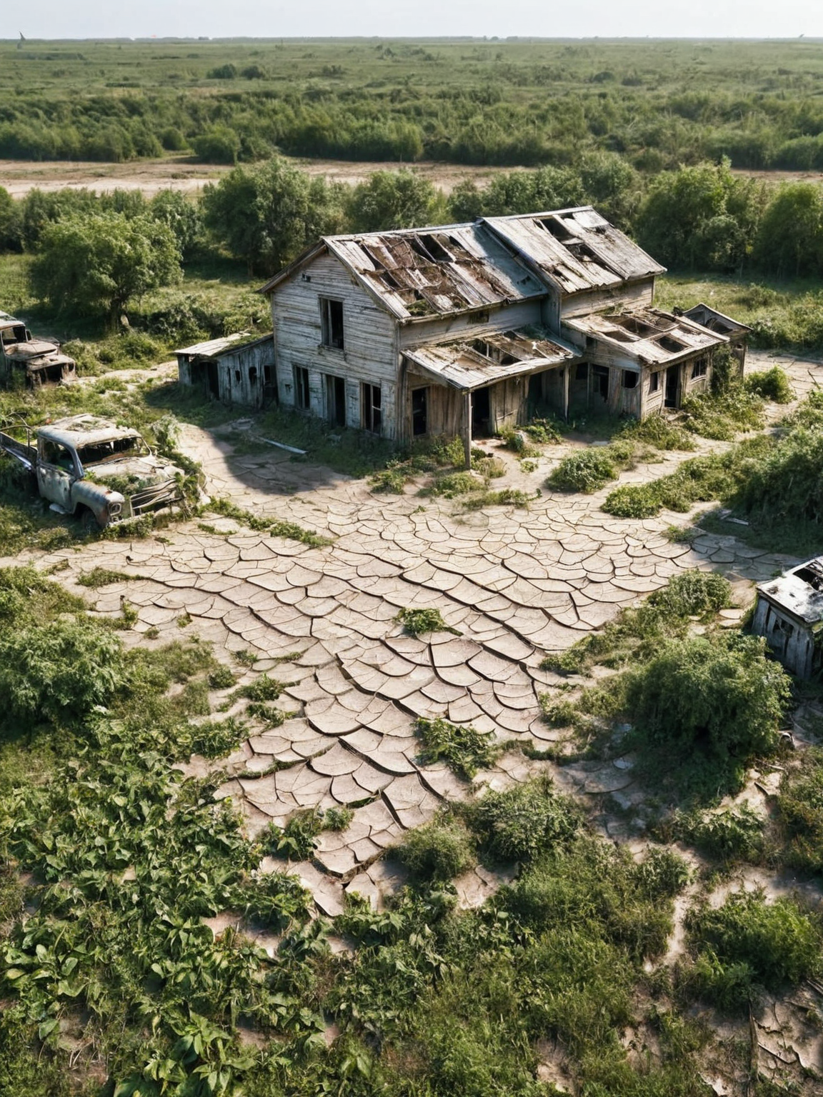 An abandoned ais-prchd farm overgrown with the last signs of life <lora:ais-prchd-sdxl:1>