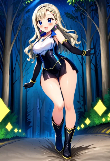Rebecca Bluegarden, cute face, blonde hair, long hair, hair clip, red clip on left side of hair, half-up hairstyle, short bangs on right, medium breasts, tall girl, long legs, cute body, jewelry, triangle earrings, necklace,,, short skirt, black skirt, side slit skirt, skirt with yellow lines,,, white shirt, sleeveless, blue collar, zipper shirt, bare shoulders, elbow-length gloves, black gloves, sketchy gloves, bare hands,,, short boots, black boots, boots with yellow lines, (((outdoors, forest background, Night, dusty road))
