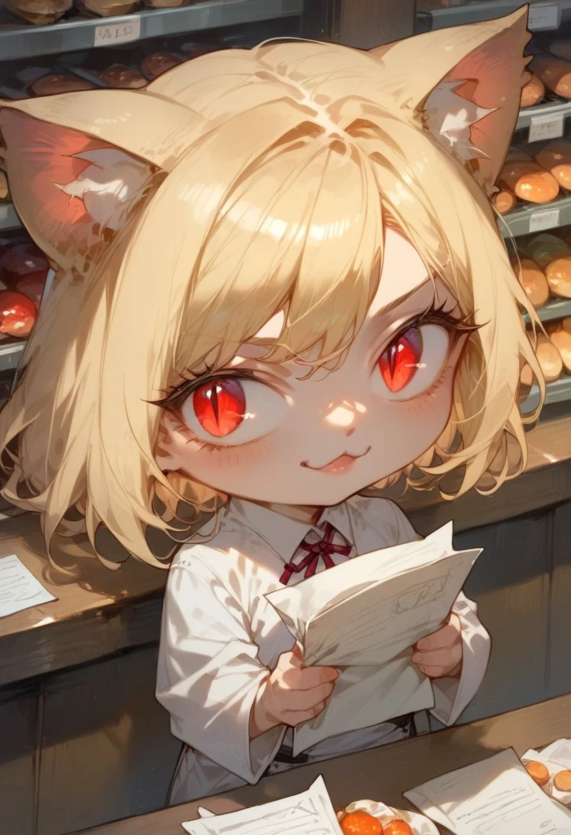 ng_deepnegative_v1_64t, score_9, score_8_up, score_7_up, Expressiveh, very detailed, high quality, necoarc, blonde hair, red eyes, slit pupils, cat ears, :3, chibi, store, behind counter, wearing uniform, paper hat, selling food to a customer, register