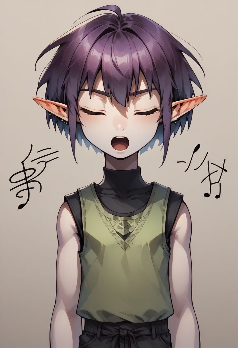 Lapanya, 1 person, solo, pointy ears, ((snout nose)), flat chest, small nostrils, short stature, skinny arms, ((closed eyes, singing, open mouth, skipping)), fair skin, ((dark lilac hair)), short hair, tomboy haircut, small nostrils, 3 fingers 1 thumb ((Sleeveless green vest, fitted black undershirt, black pantaloons, fully clothed)), dynamic view
((Organic cavern background)), fully clothed, 
clean lines, up close, upper body focus, highly detailed face, high quality, best quality,  score: 9, score: 8 up, rating: safe