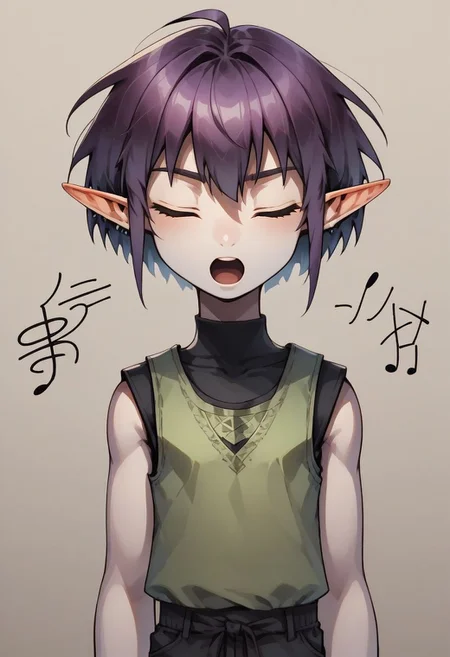 Lapanya, 1 person, solo, pointy ears, ((snout nose)), flat chest, small nostrils, short stature, skinny arms, ((closed eyes, singing, open mouth, skipping)), fair skin, ((dark lilac hair)), short hair, tomboy haircut, small nostrils, 3 fingers 1 thumb ((Sleeveless green vest, fitted black undershirt, black pantaloons, fully clothed)), dynamic view
((Organic cavern background)), fully clothed,
clean lines, up close, upper body focus, highly detailed face, high quality, best quality, score: 9, score: 8 up, rating: safe
