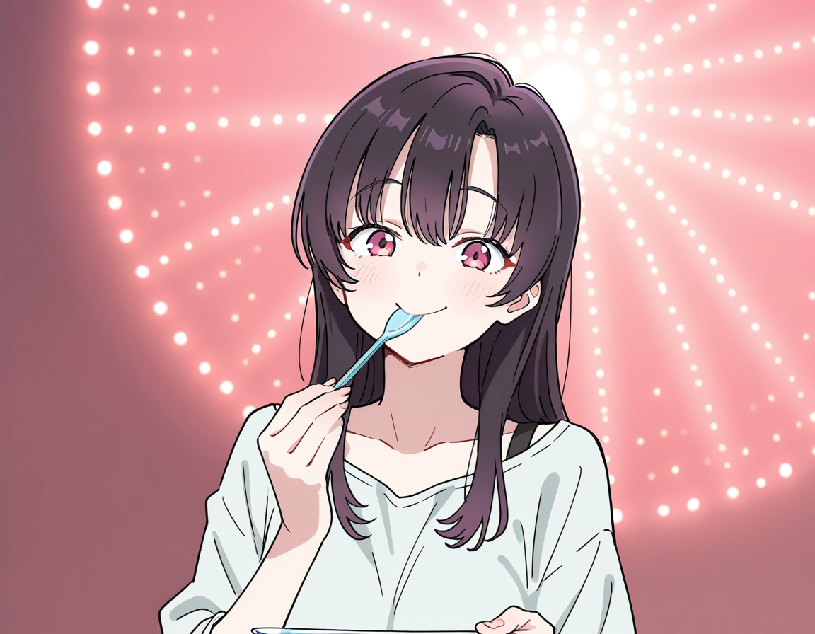 score_7_up, anime BREAK official art, 
<lora:nerunerunerune:1>, nerunerunerune, 
1girl, solo, smile, upper body, holding, plastic spoon, eating, radial light panel, umai!, meme,
(masterpiece:1.3), best quality, high resolution, unity 8k wallpaper, extremely detailed CG, 8K, (watercolor \(medium\), muted color, sketch:1.1), perfect anatomy, highly finished, masterpiece, best quality, high quality, amazing quality, great quality, very aesthetic, ultra detailed, highres, absurdres, highly detailed, highly detailed background,