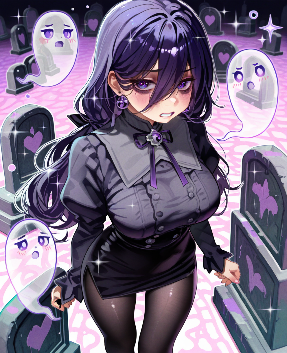 <lora:sachichuuC:1> sachichuu,
(masterpiece), (best quality), (ultra-detailed), amazing quality, very aesthetic, illustration, perfect composition, intricate details, absurdres, incredibly absurdres, shiny skin, realistic,
 sachichuu, 1girl, pantyhose, breasts, ghost, earrings, jewelry, purple hair, large breasts, long hair, hair between eyes, purple eyes, looking at viewer, solo, bags under eyes, purple , black pantyhose, teeth, blush, skirt, sparkle, tombstone, ribbon, sensitive