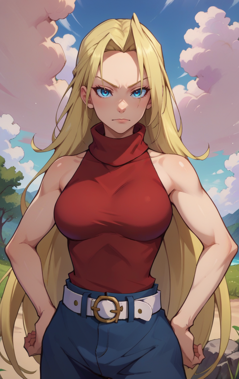 score_9, score_8_up, score_7_up, BREAK  <lora:piscalat-10:1> piscalatSDXL, 1girl, solo, long hair, blue eyes, blonde hair, red shirt, bare shoulders, very long hair, outdoors, sky, sleeveless, day, white belt, blue pants, cloud, blue sky, red turtleneck, hands on hips, hair down, sleeveless turtleneck, cowboy shot,