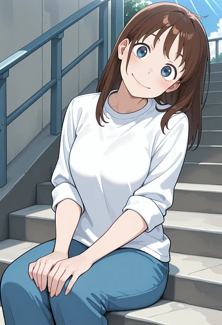best quality, amazing quality, perfect quality, high quality, masterpiece, absolutely eye-catching BREAK
<lora:Ookiku_Furikabutte_-_Kiyoe_Mizutani:1> OofuriKiyoe, blue eyes, brown hair, long hair, wispy bangs, medium breasts BREAK
white t-shirt, sleeves rolled up, blue pants BREAK
outdoors, blue sky, sunbeam, stairs BREAK
1girl, solo, sitting, sitting on stairs, hand on own knees, looking at viewer, head tilt, smile, dutch angle, cowboy shot