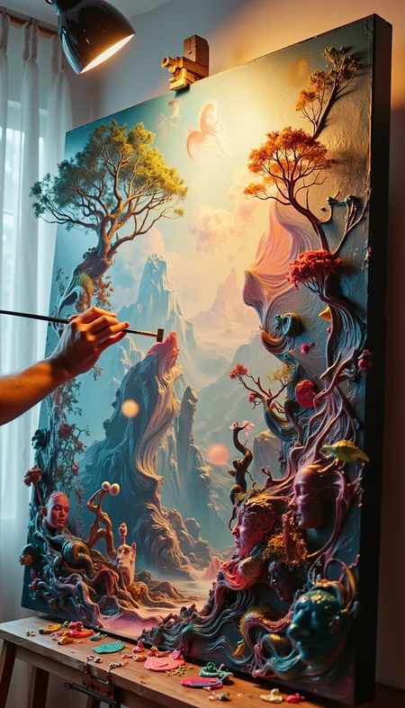 A fantastical, living painting that depicts an artist's imagination coming to life. The canvas should be enormous, with one corner showing the artist's hand holding a brush, while the rest of the image transforms from flat, painted sections into a three-dimensional, surreal landscape. Include elements transitioning between 2D and 3D â flat trees growing into full forms, painted figures peeling off the canvas and becoming real, and colors dripping and pooling to form new structures. The style should shift across the canvas, incorporating various art movements from classical to abstract. Use dramatic lighting to enhance the sense of depth and transformation, with the brightest point being the artist's brush, suggesting it as the source of this bursting creativity.