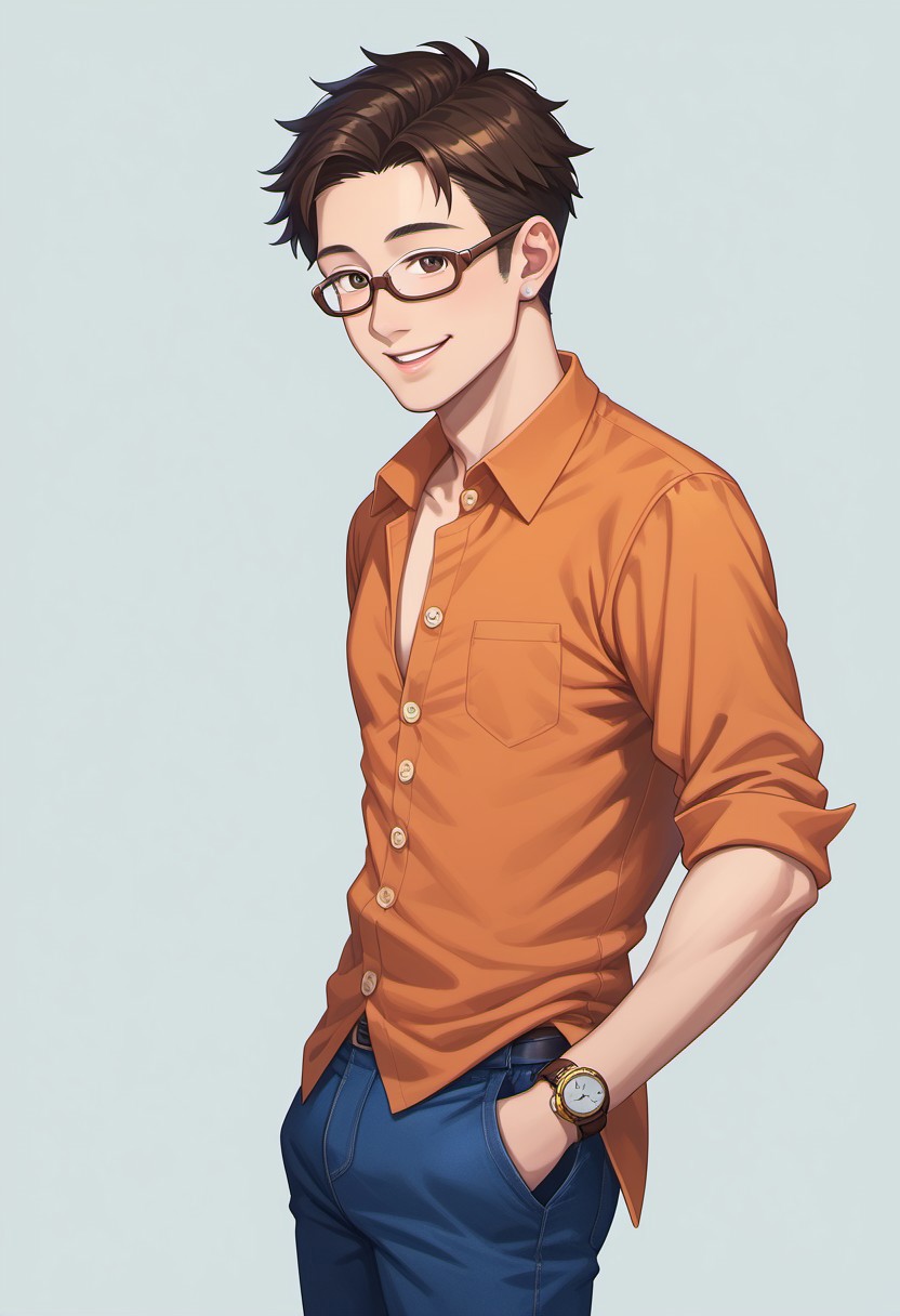 score_9, score_8_up, score_7_up, score_6_up, CasGAC, masterpiece, best quality, detailed eyes, detailed face, perfect eyes, high detailed, absurdres, highres, BREAK 1boy, man, mature, solo, ((Asian)), smile, brown eyes, black short hair, orange unbuttoned shirt, blue V-neck t-shirt, BREAK silver camera is hanging with brown strap on the body, BREAK gold watch with a wrist brown strap, BREAK rectangular glasses with brown frames, dark blue denim pants, sleeves rolled up to the elbow BREAK right hand in pocket with the thumb, left hand holding the camera, standing, cowboy shot, looking at viewer, semi-sideways, side view, BREAK simple background, gradient, green-yellow gradient on the background