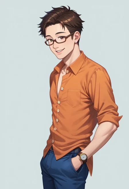 score_9, score_8_up, score_7_up, score_6_up, CasGAC, masterpiece, best quality, detailed eyes, detailed face, perfect eyes, high detailed, absurdres, highres, BREAK 1boy, man, mature, solo, ((Asian)), smile, brown eyes, black short hair, orange unbuttoned shirt, blue V-neck t-shirt, BREAK silver camera is hanging with brown strap on the body, BREAK gold watch with a wrist brown strap, BREAK rectangular glasses with brown frames, dark blue denim pants, sleeves rolled up to the elbow BREAK right hand in pocket with the thumb, left hand holding the camera, standing, cowboy shot, looking at viewer, semi-sideways, side view, BREAK simple background, gradient, green-yellow gradient on the background