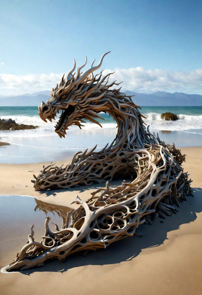 (drift wood washes up on the shore, all the tiny parts of drift wood form together to create a perfect  shape of a large dragon lying on the shore), abstract, 3d render, strong, insanely intricate details, (masterpiece), breathtaking natures art work