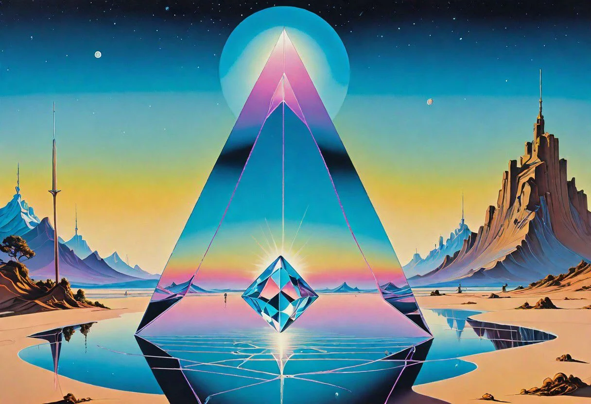 a detailed painting by Salvador Dal, synth wave, mind-bending transparent ancient crystal. smooth, solid, clean brushstrokes, high quality, cosmic eclipse. flowing, beautiful, surreal, unbelievable, prolific, fine detail, uhd 8k
