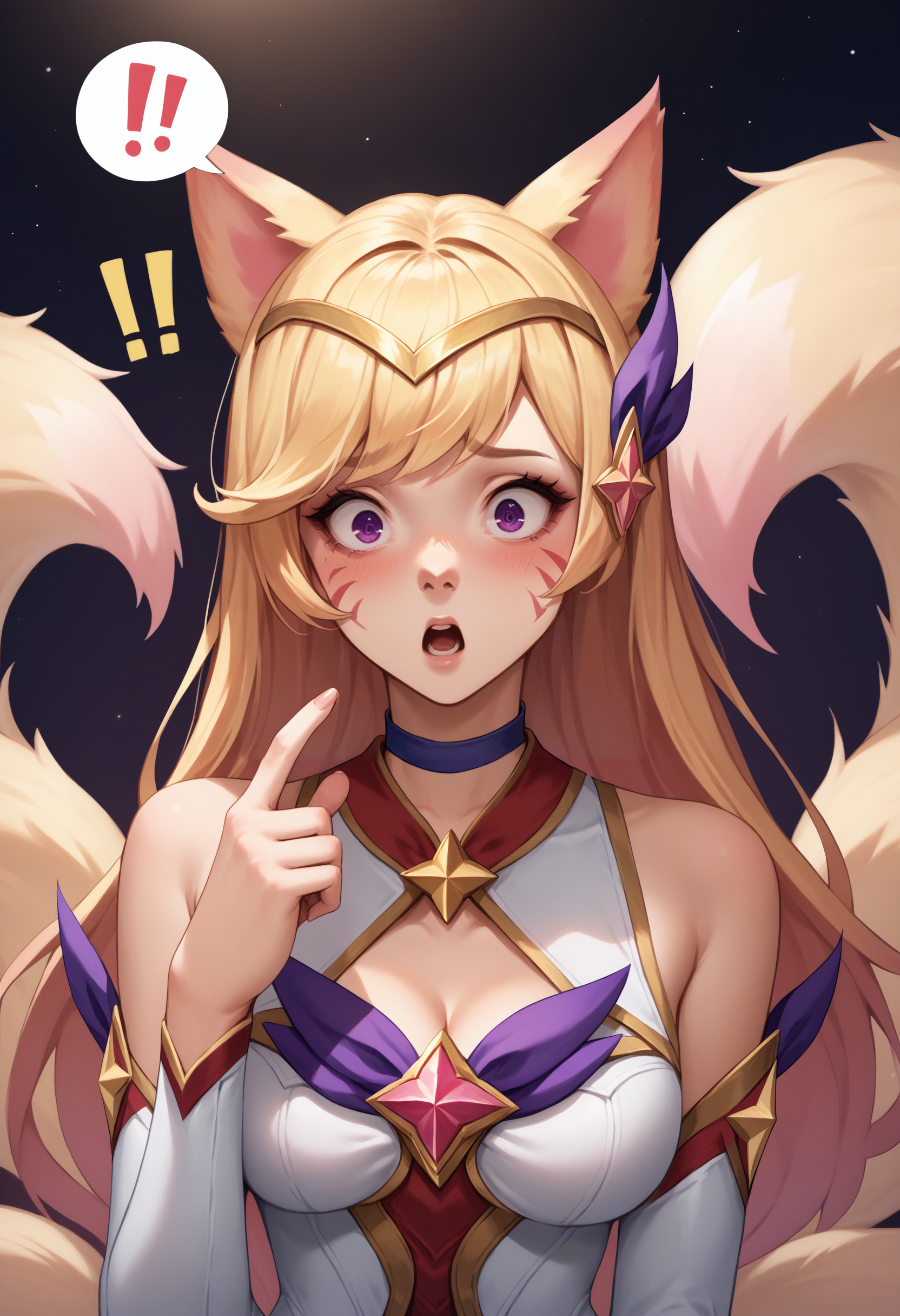score_9, score_8_up, score_7_up, ahriStrGdn, animal ears, facial mark, fox tail, multiple tails, long hair, blonde hair, purple eyes, large breasts, hair ornament, choker, magical girl, star (symbol), bare shoulders, cleavage, detached sleeves, <lora:Ahri_StarGuardian_pdxl_Incrs_v1:1>, <lora:IndexFingerPointingAtSelf_XLPD:1>, surprised, !, spoken exclamation mark, blush, upper body, single finger pointing, pointing at self