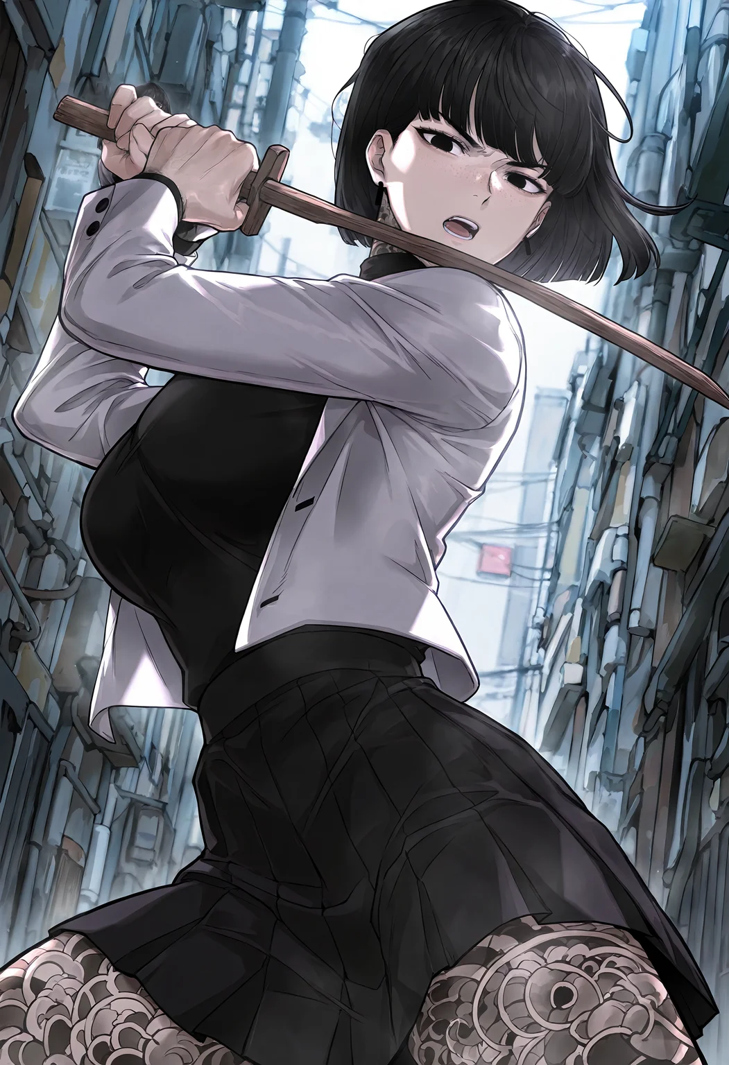 masterpiece, best quality, amazing quality, very aesthetic, absurdres, newest, scenery, 1girl, solo, huge breasts, serious, open mouth, <lora:Lee Jihyeon illustxl:0.9> black hair, black eyes, short hair, freckles, bob cut, neck tattoo, earrings, blunt bangs, full-body tattoo, leg tattoo, arm tattoo, white jacket, turtleneck sweater, black sweater, long sleeves, pleated skirt, black skirt, miniskirt, alley, outside, standing, fighting stance, spread legs, holding sword, wooden sword, upper body, looking at viewer, shiny skin, masterpiece, best quality, amazing quality, very aesthetic, absurdres, newest, scenery, volumetric lighting