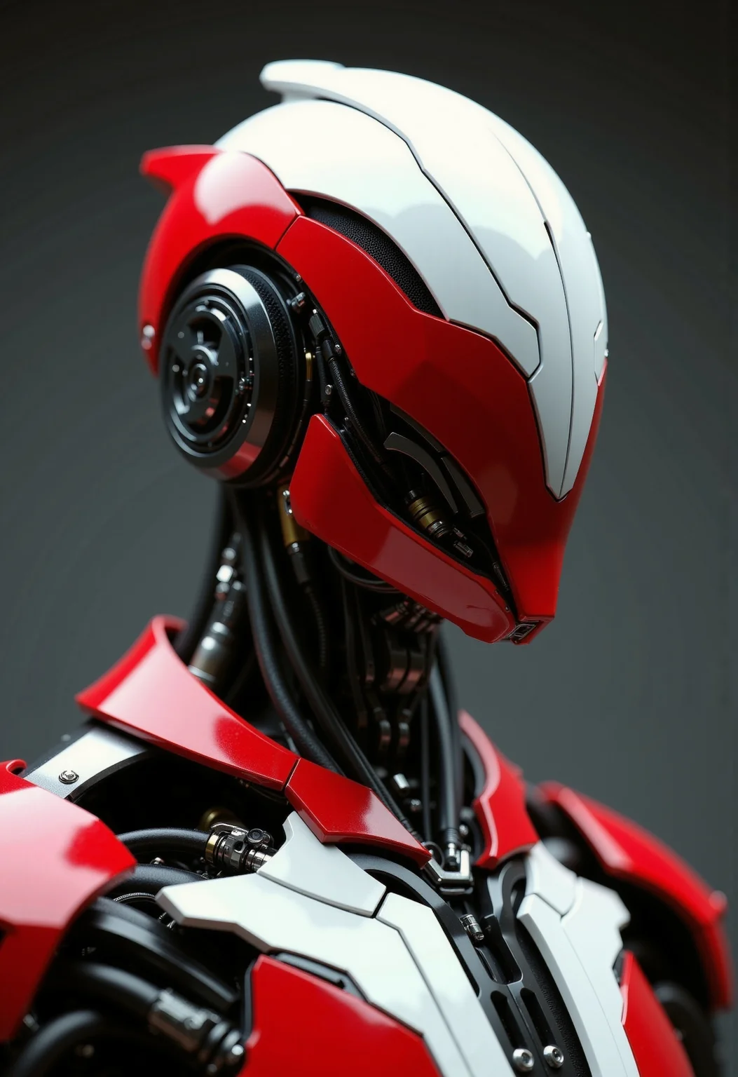 in the style of ckfa, Photorealistic detailing a faceless android inspired by the aggressive design language and color scheme of a Ducati Maisto Panigale V4 S Corse motorcycle. Dynamic three-quarter view, head slightly tilted as if assessing a target. The faceless android features a sharp, angular helmet design with a central V-shaped faceplate constructed from segmented plates in glossy racing red and stark white, accented with matte black sections and subtle carbon fiber textures. These plates are angled, forming complex geometric facets, their edges glowing faintly with a cool white neon energy. Extremely intricate mechanical neck and upper torso visible, showcasing layered plating mimicking aerodynamic motorcycle fairings in red, white, and gunmetal. Exposed actuators, braided wiring resembling hydraulic lines, and complex joints fashioned from dark steel and brushed aluminum are visible beneath the panels. Set against a solid dark grey, softly blurred backdrop. Dramatic cinematic lighting highlights the interplay between glossy paint, matte surfaces, and metallic components. Extreme detail, hyperrealistic textures, (shallow depth of field:0.8).