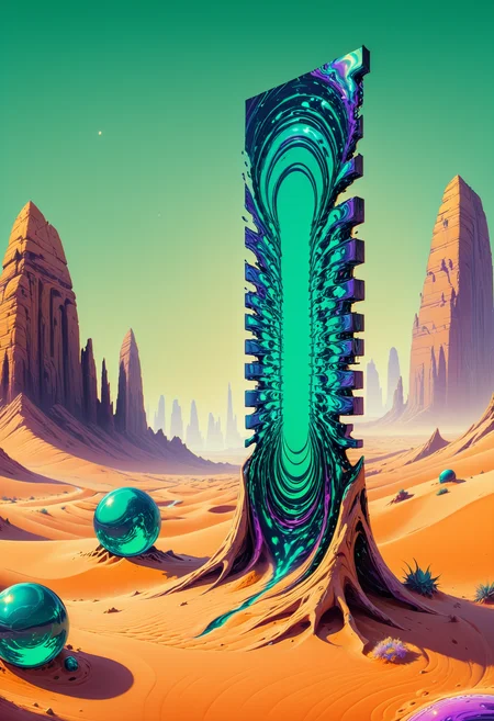 concept art landscape, ((Bewitching Emerald)) desert mirage altar, fracturing into sand and light, sunset colors, warm oranges and cool purples, feeling of elusive magic, digital desert art, detailed heat distortion and sand textures, ultra high resolution
<lora:Style_ThatSpecialFace:1.3> . digital artwork, illustrative, painterly, matte painting, highly detailed