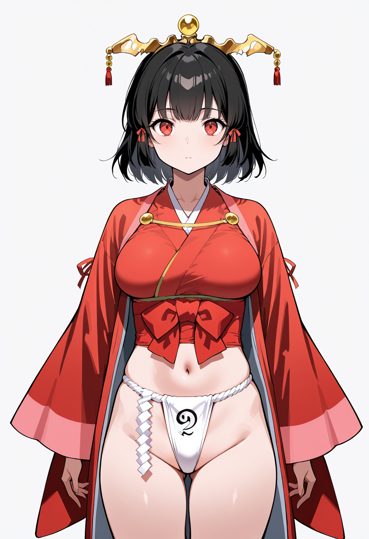 masterpiece, best quality,
1girl, solo,
standing, 
looking at viewer,
<lora:Kaguya:1> k4g0y4, red eyes, black hair, hair ornament, fundoshi, japanese clothes, navel, long sleeves, 
white background, simple background,