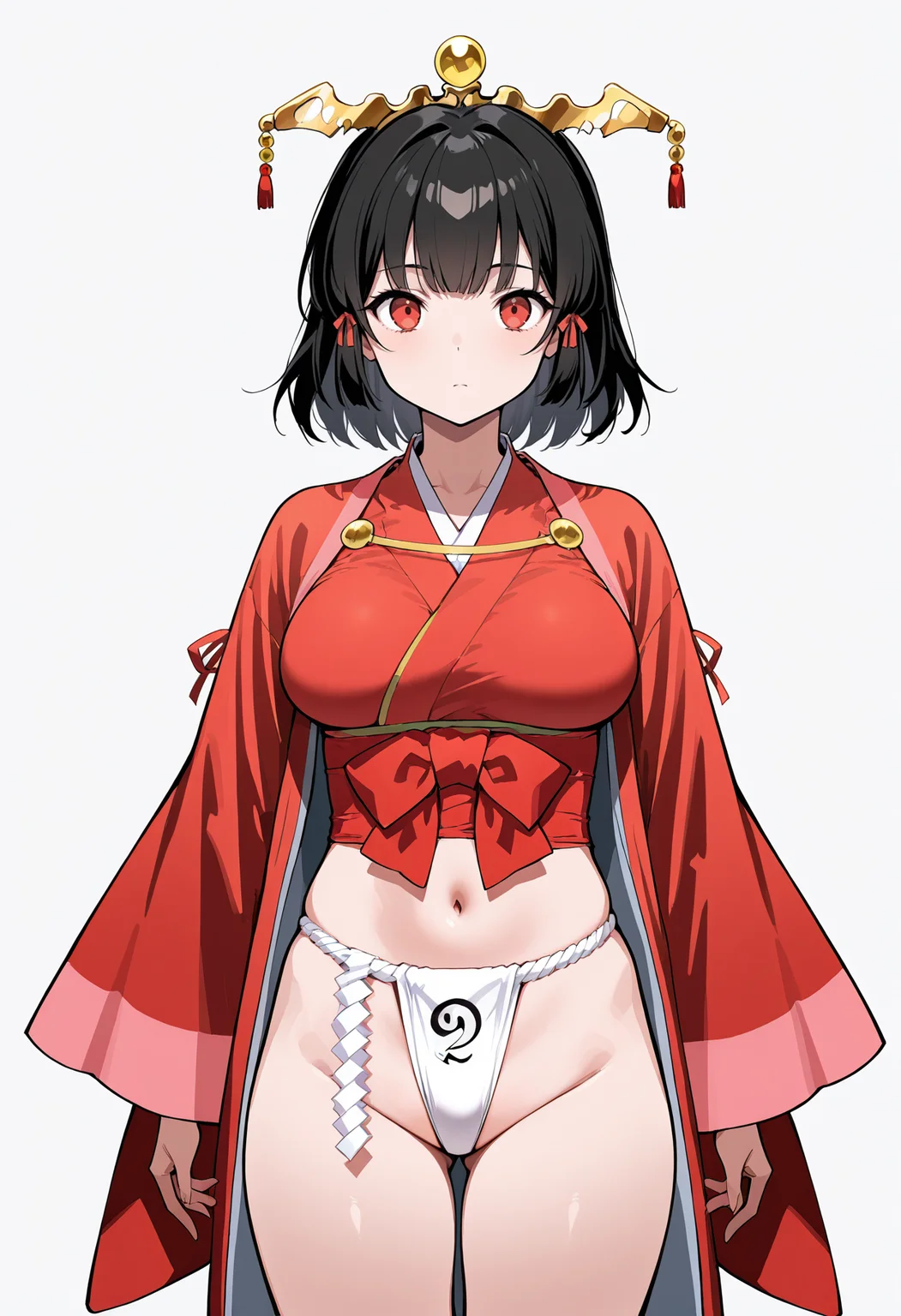 masterpiece, best quality,
1girl, solo,
standing,
looking at viewer,
<lora:Kaguya:1> k4g0y4, red eyes, black hair, hair ornament, fundoshi, japanese clothes, navel, long sleeves,
white background, simple background,