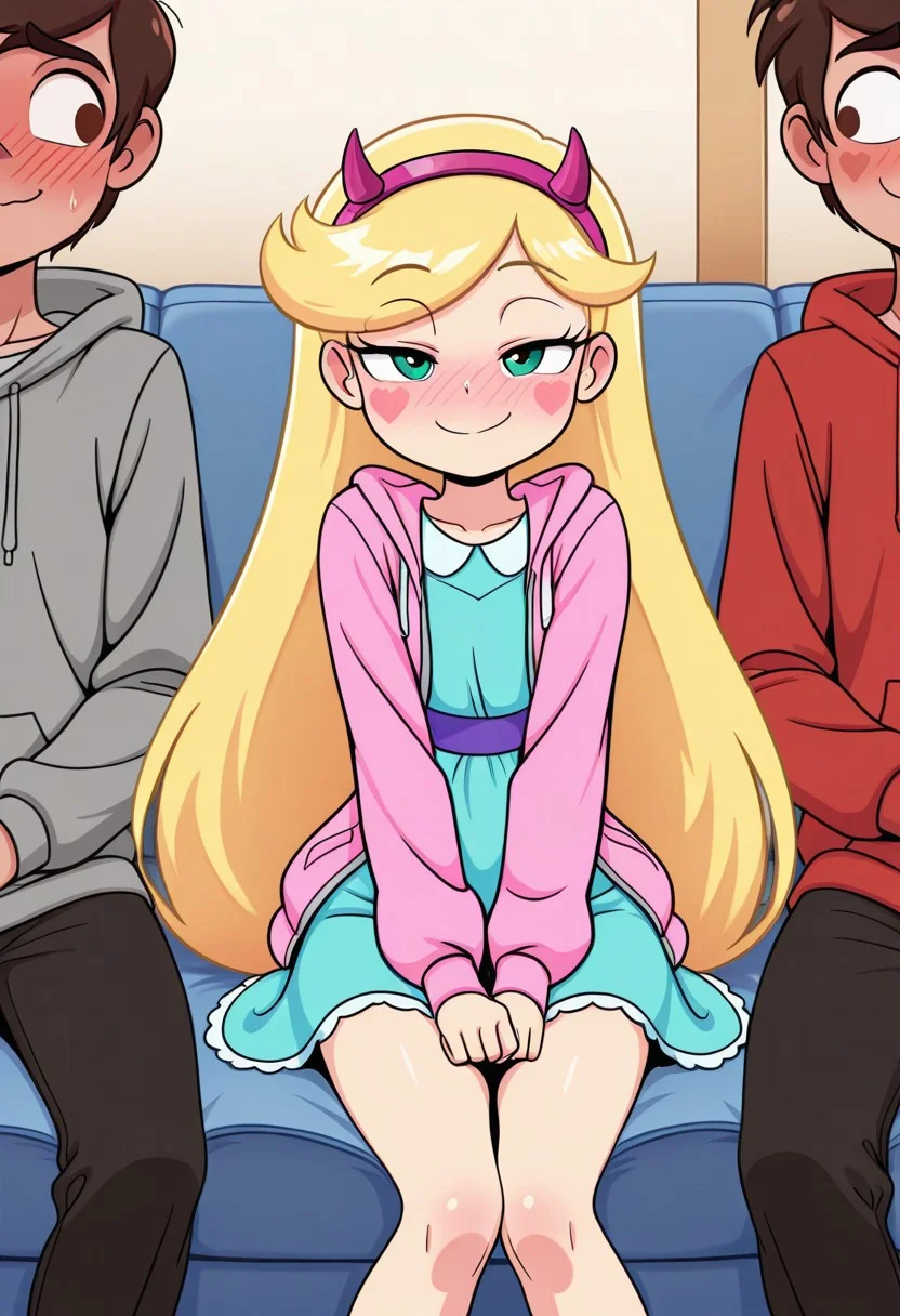 masterpiece, best quality, break. star_co, (1boy, marco_d, hoodie, seductive smile), break, (1girl, star_b, fake horns, dress, very long hair, blondie hair, heart stickers blush, shy smile), sitting together, living room, front view