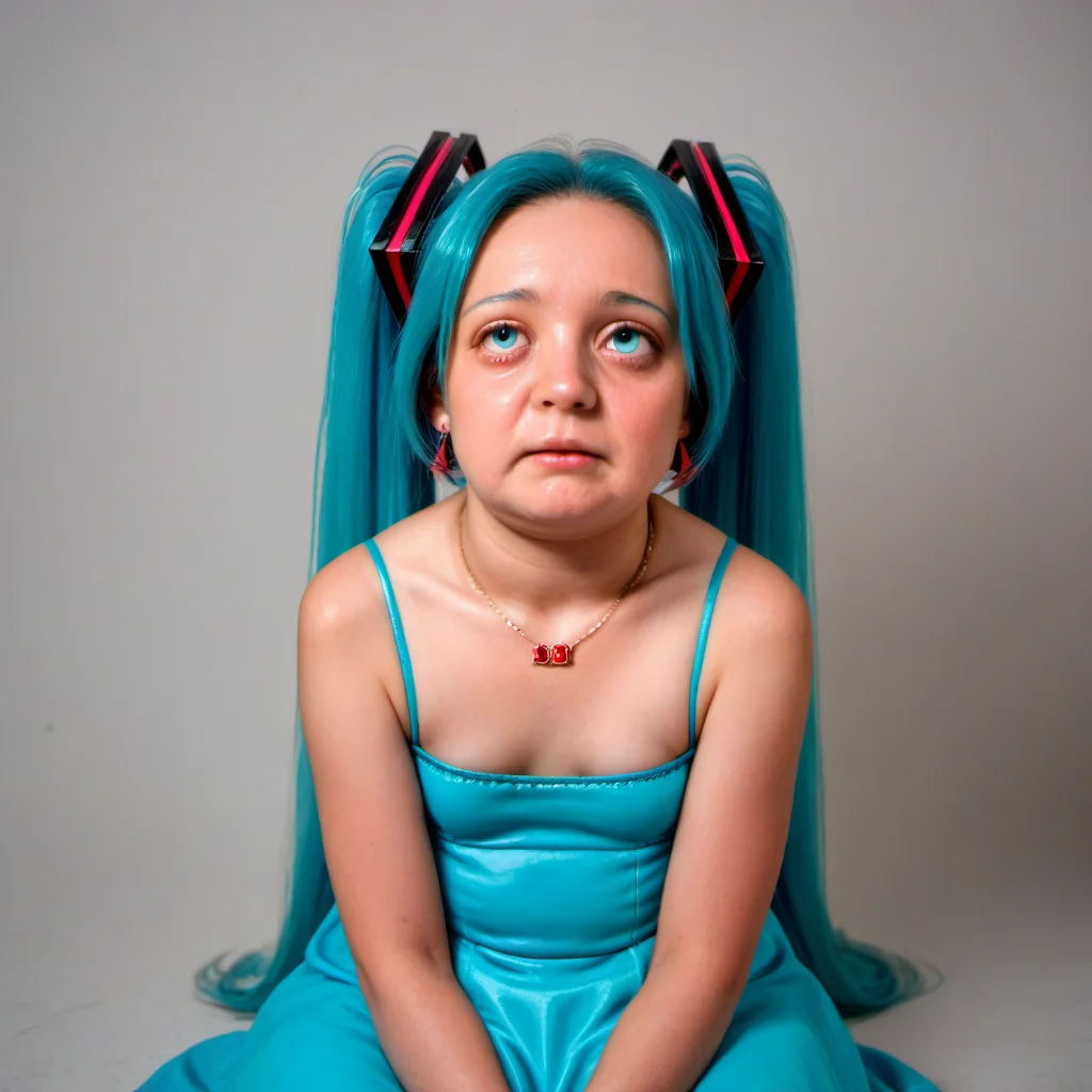 zPDXL ,<lora:Ugly_Women_for_Pony:1>, ugly, fat, 1girl, solo, hatsune miku, blue hair, dress, jewelry, earrings, small breasts, blue eyes,
, looking up, sitting,