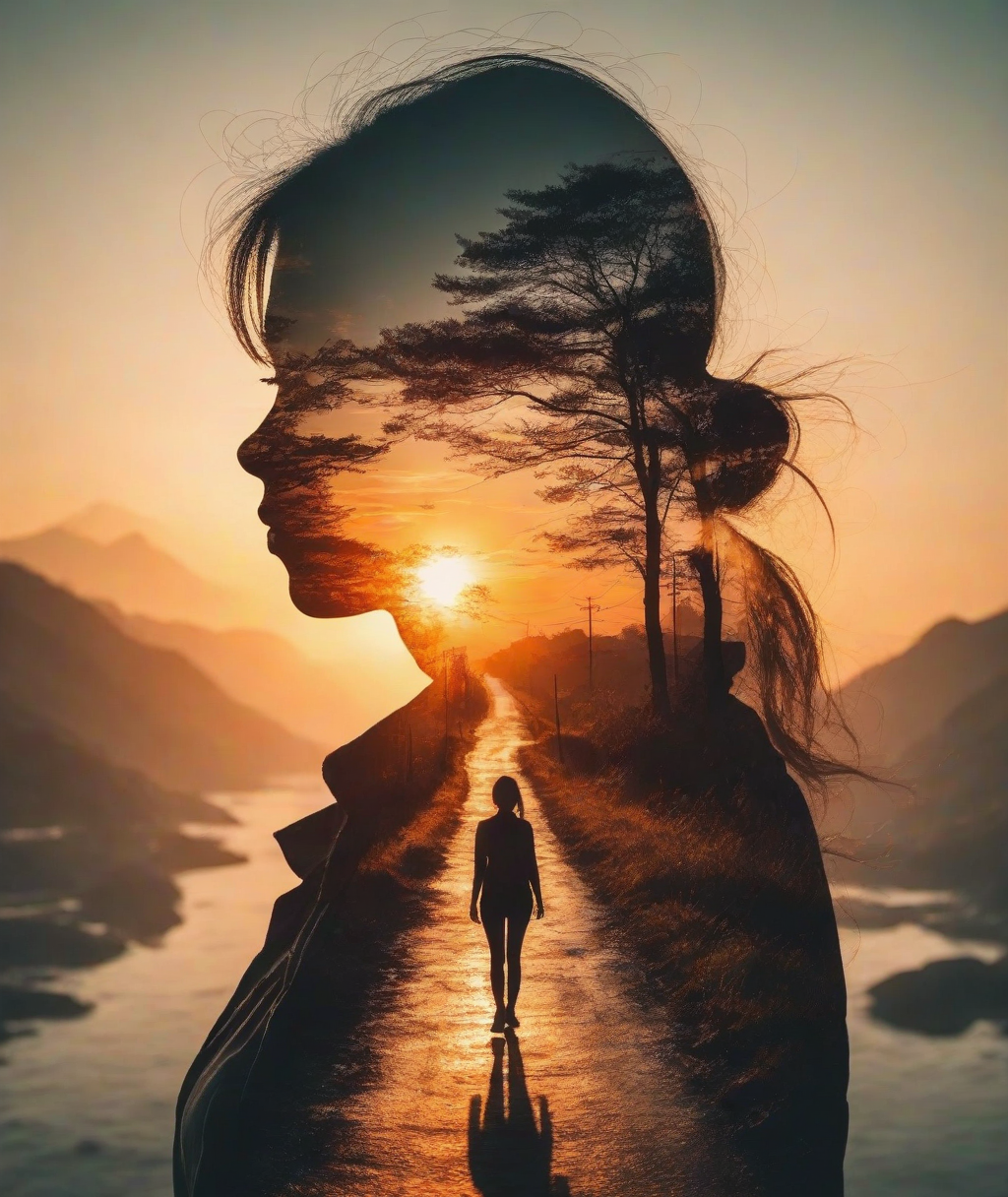 double exposure style,prospect:1 lady turns righ sideways,silhouette:1 man walking on the path,sunset,Silhouette intensity moderate,anime style,<lora:double exposure style:0.67>,