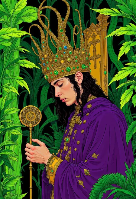 A hyper-realistic drawing of a young man with refined, masculine features, inspired by the intricate textures of Sandro Botticelli’s artwork. He wears a royal purple robe adorned with sparkling amethysts, lending him a stately look. His surreal crown has tall, vine-like extensions, coiling around with elaborate Renaissance patterns, encrusted with over 1,000 tiny emeralds. His long, dark hair is loosely tied back, and he holds a medieval scepter in one hand, the other arm bent elegantly across his chest. The background is filled with vivid, bright green, surreal vegetation, exaggerated in size and form, creating a striking contrast with his attire. The lighting is sinfully stylish, casting bold highlights and shadows, with a dramatic emphasis on the bright greenery that seems to glow in the surreal atmosphere. Photographed with a Sony A7R IV and a 135mm f/1.8 lens at ISO 200, f/1.8, the intricate robe details and crown jewels are sharply defined, capturing Botticelli's attention to form and texture. The contrast in the image is vivid and vibrant, with the lush green foliage accentuating his serene, regal aura against the surreal, dreamlike setting.