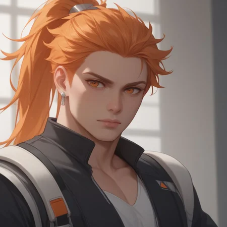 (score_9), (score_8_up), (score_7_up), (score_6_up), (score_5_up), (score_4_up), create an image of 1boy, orange eyes, high ponytail, orange hair, ombre orange to white, gradient orange to white, one white hair streak, one white hairstreak right side, modern cyber clothes, white and black outfit, a lot of silver accessories, silver accessory, gemstone earrings, gloomy, Zyrnox style