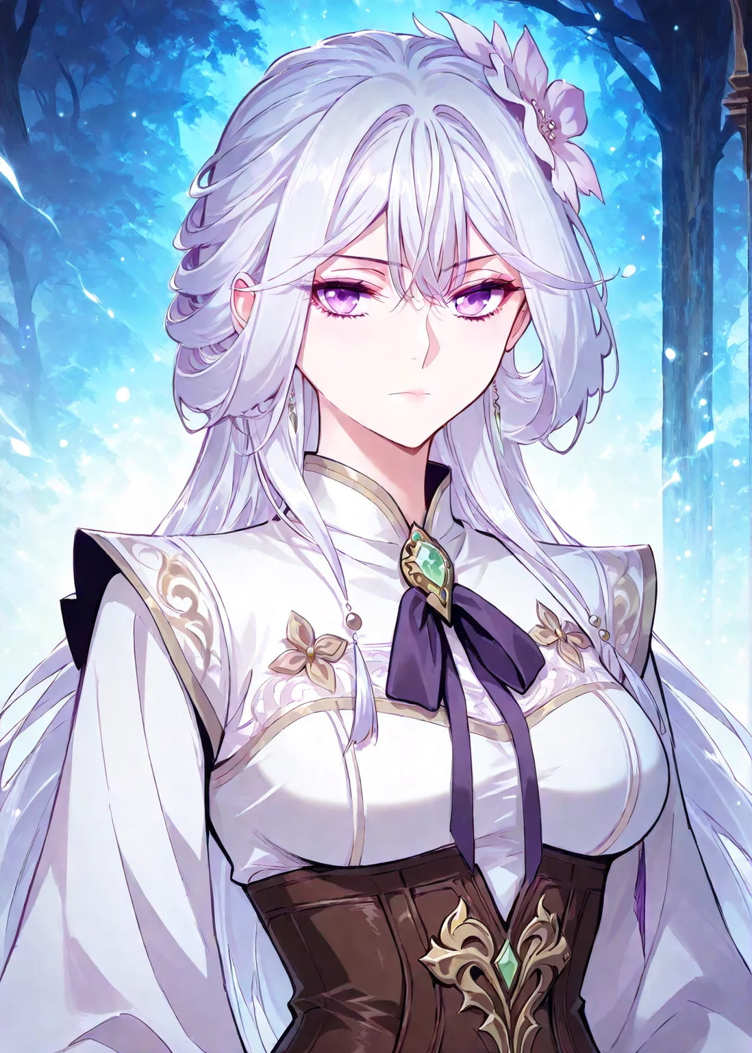 <lora:Chu_Qingcheng__Demon_Emperor__Illustrious:1>
1 girl, solo, long hair, white hair, layered hairstyle, side-swept bangs, flower hair ornament, hair flower, purple eyes,
chinese clothes, white long dress, gold-trimmed dress, brown corset, emerald gem, gem brooch, front bow, long sleeves
masterpiece, best quality, intricate details, gothic fantasy, upper body portrait, dramatic pose, confident gaze, cinematic lighting, clean background, glowing magical particles, detailed face, vibrant colors, <lora:iLLMythG0thicL1nes:1>