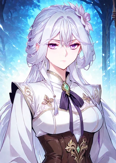<lora:Chu_Qingcheng__Demon_Emperor__Illustrious:1>
1 girl, solo, long hair, white hair, layered hairstyle, side-swept bangs, flower hair ornament, hair flower, purple eyes,
chinese clothes, white long dress, gold-trimmed dress, brown corset, emerald gem, gem brooch, front bow, long sleeves
masterpiece, best quality, intricate details, gothic fantasy, upper body portrait, dramatic pose, confident gaze, cinematic lighting, clean background, glowing magical particles, detailed face, vibrant colors, <lora:iLLMythG0thicL1nes:1>